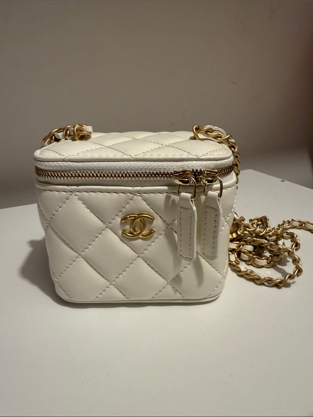 CHANEL White Quilted Vanity Mini Crossbody with Gold Hardware